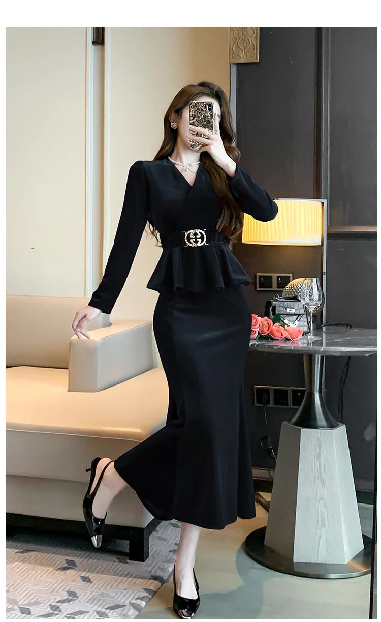 Babs Winter Red Velvet Chic Ruffled Bandage Long Dress Women Elegant Luxury Festival Dress Gown Korean Elegant Prom Dress