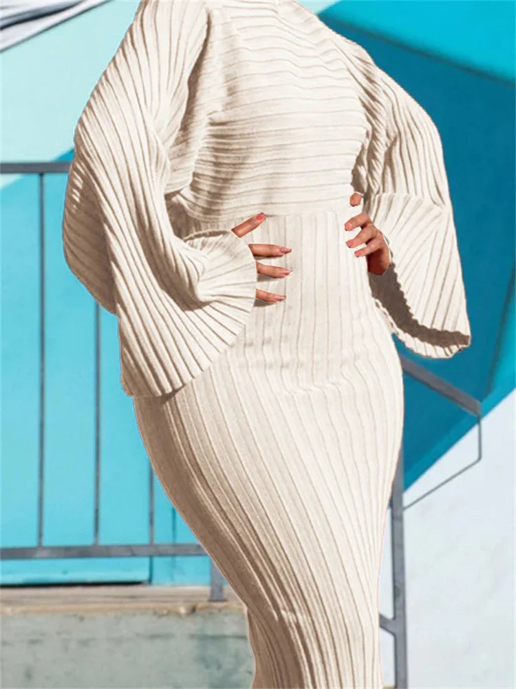 Maxy Women Dress Sexy Slim Fit O-Neck Long Sleeve Cocktail Party Elegant Ribbed Solid Color Hip Wrap Knitted Long Dresses Gown