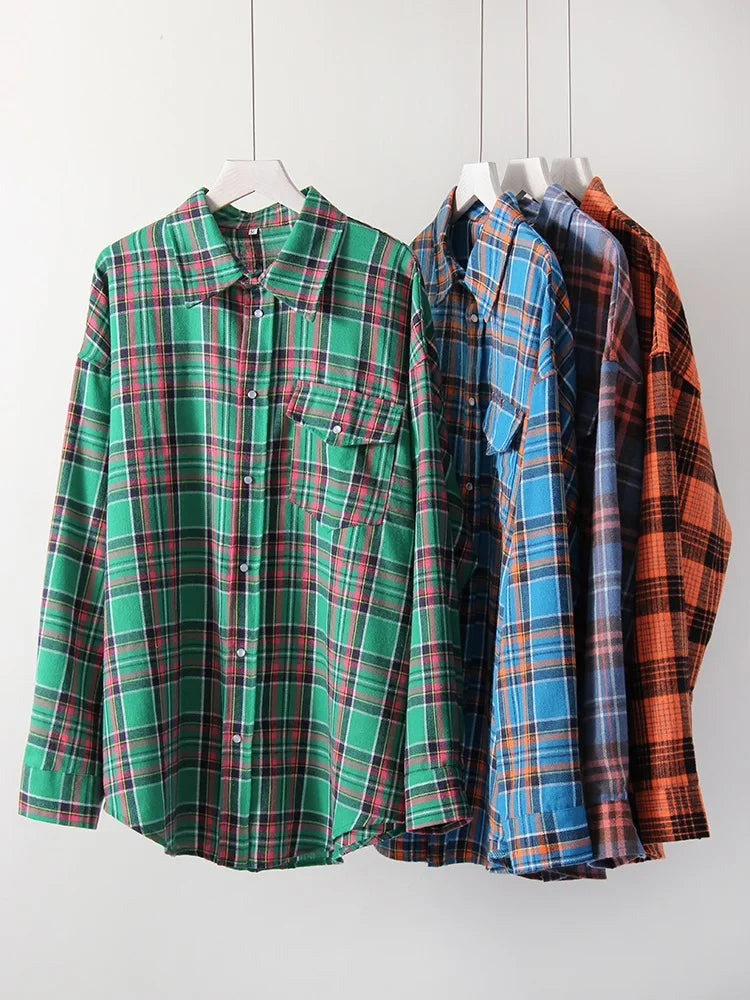 Maxy Green Vintage Plaid Shirt Women Oversize Top Long Sleeves Autumn Winter Loose Women's Shirt And Blouses Oversized