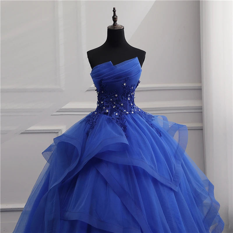 Maxy Customized Formal Evening Dresses Ball Gown Elegant Blue White Strapless Sleeveless Priness Evening Dresses for party New Design