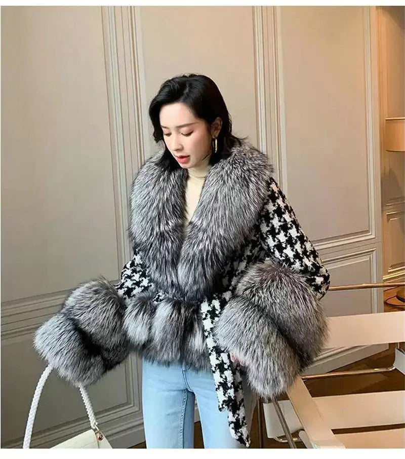 Babs Fox Fur Grass Coat Women Short Thousand Bird Grid Double Faced Fleece Collar 2024 Small Fragrant Style Imitation Fur Coat Female