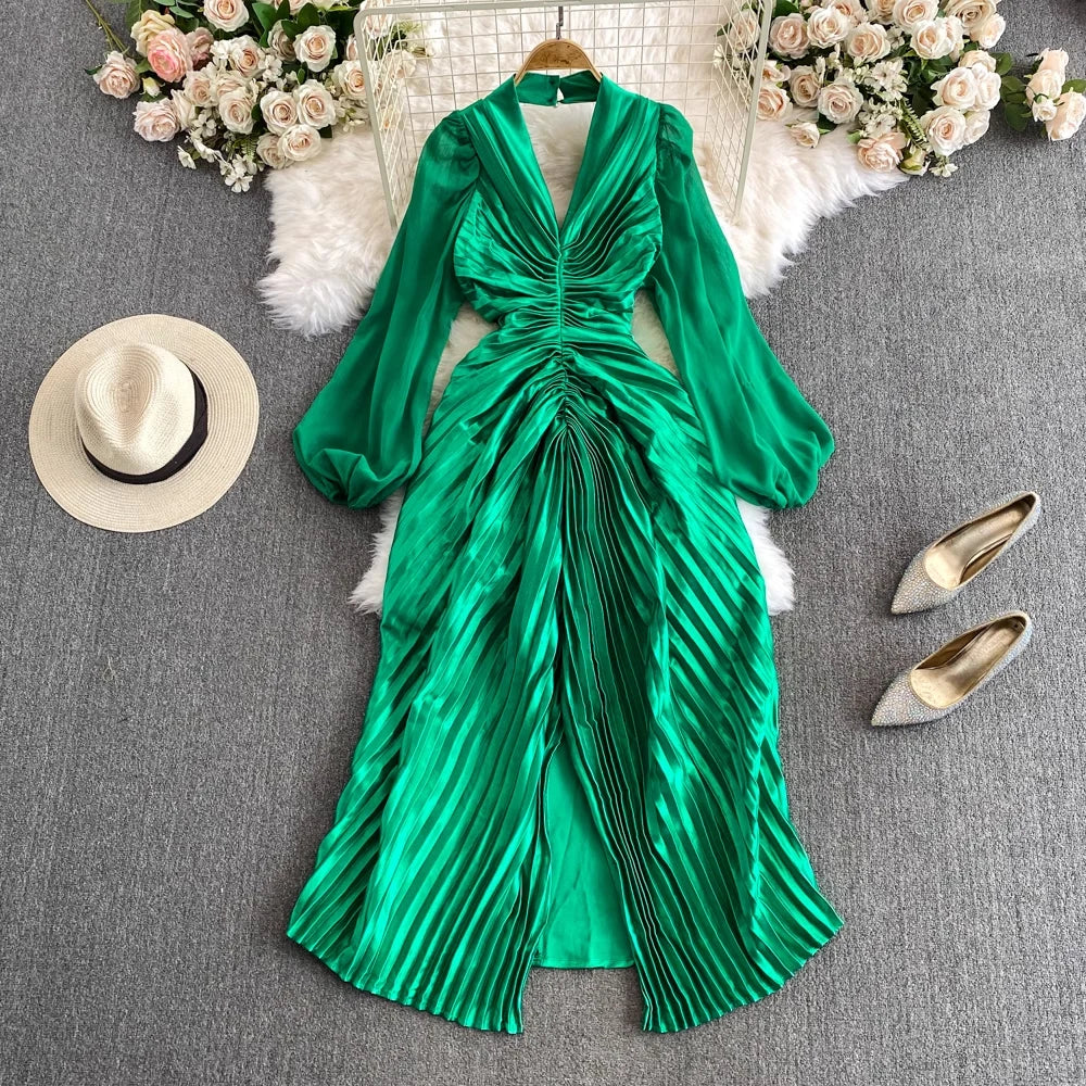 Amay Women's Temperament Puff Long Sleeve Hanging Neck Split Metal Pleated Dress Y2k Fashion Tide Spring Summer