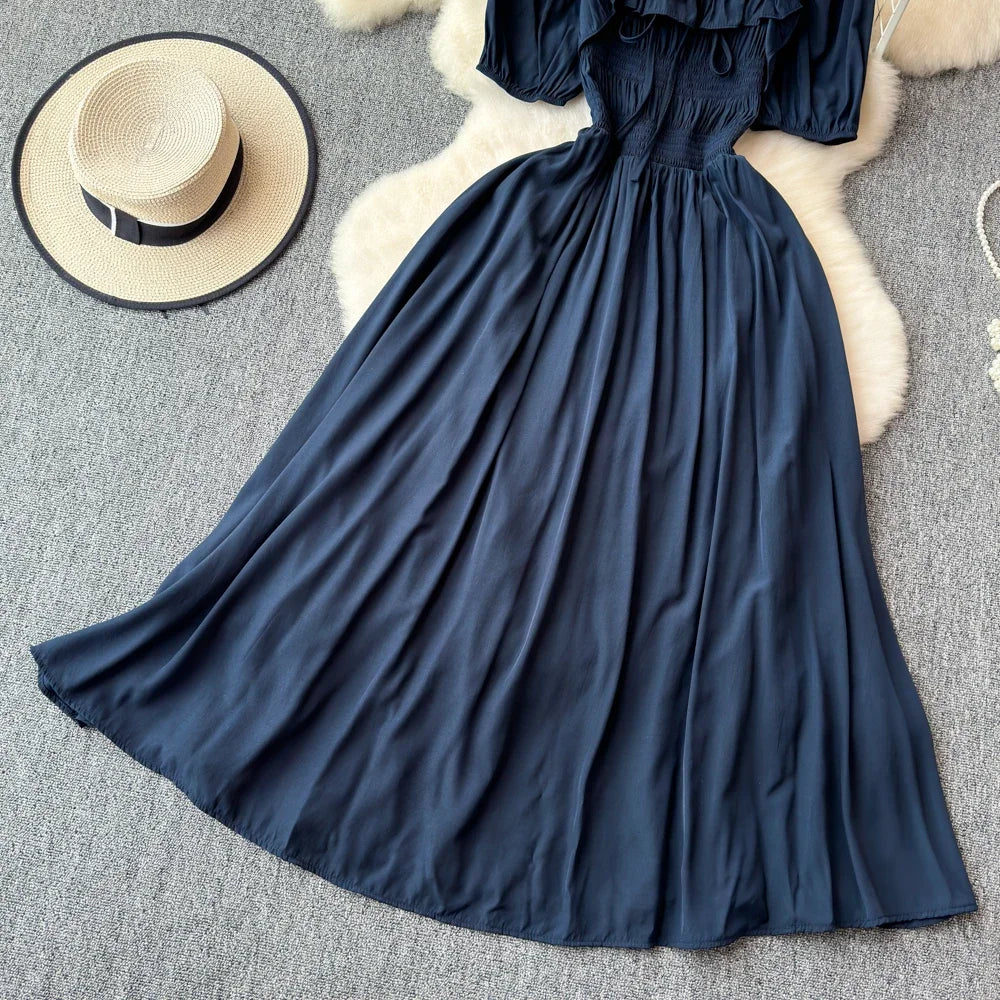Babs Chic Elegant Square Collar Macy Dress Women Solid Short Puff Sleeve Dresses 2024 Korean Fashion Vintage Ruffle Vestidos
