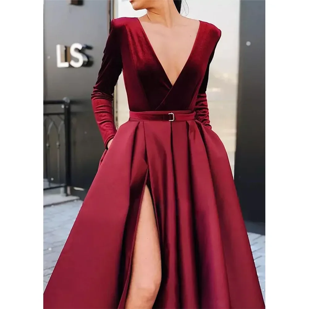 Babs Simple Satin Long Gown Elegant Ladies Dress Party Dresses A-Line Deep V-Neck Slit Full-length Evening Club Maxy High Waist Dress