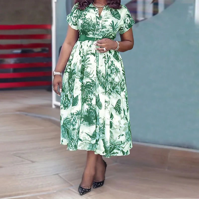 Amay Women Elegant Printed Party Dress Turn Down Collar Short Sleeve Pleated A-Line With Belt African Office Work Wear Plus Size 5XL