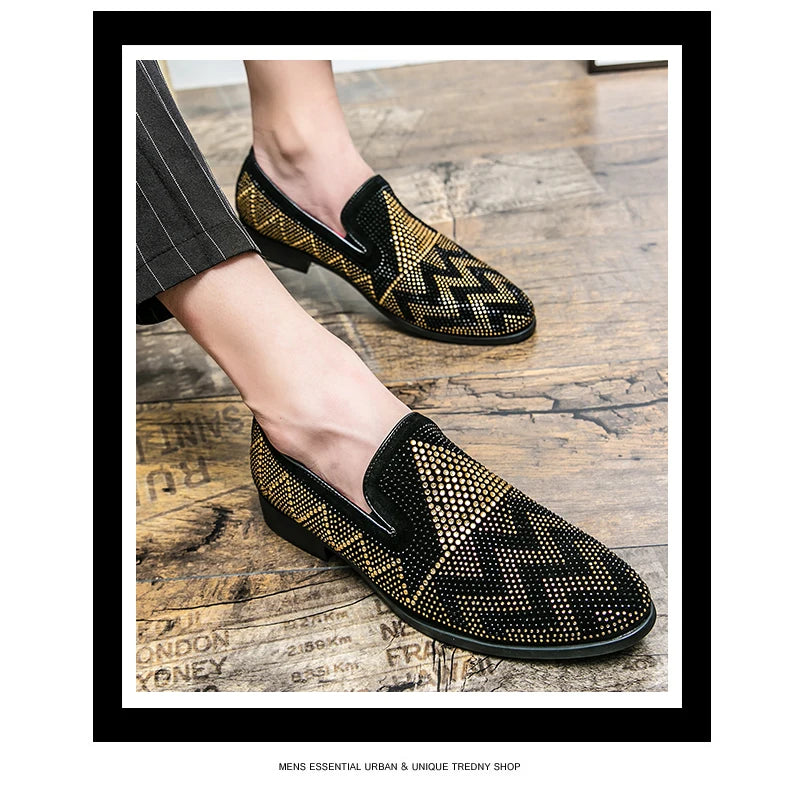 Maxy Fashion Italian handmade rhinestone leather shoes men's casual foot set slip-on leather hair stylist bean shoes fashion