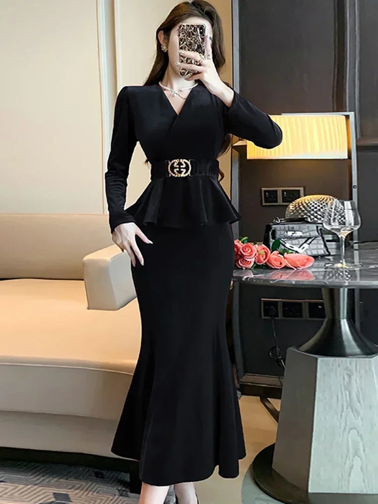 Babs Winter Red Velvet Chic Ruffled Bandage Long Dress Women Elegant Luxury Festival Dress Gown Korean Elegant Prom Dress