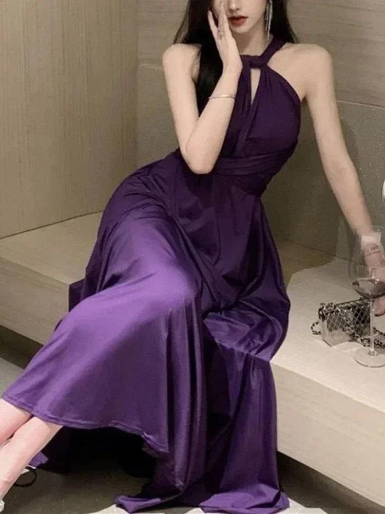 Babs Purple Sexy Party Sleeveless Dress Women Chiffon France Vintage Long Dress Female Beach Elegant Chic Backless Dress Summer