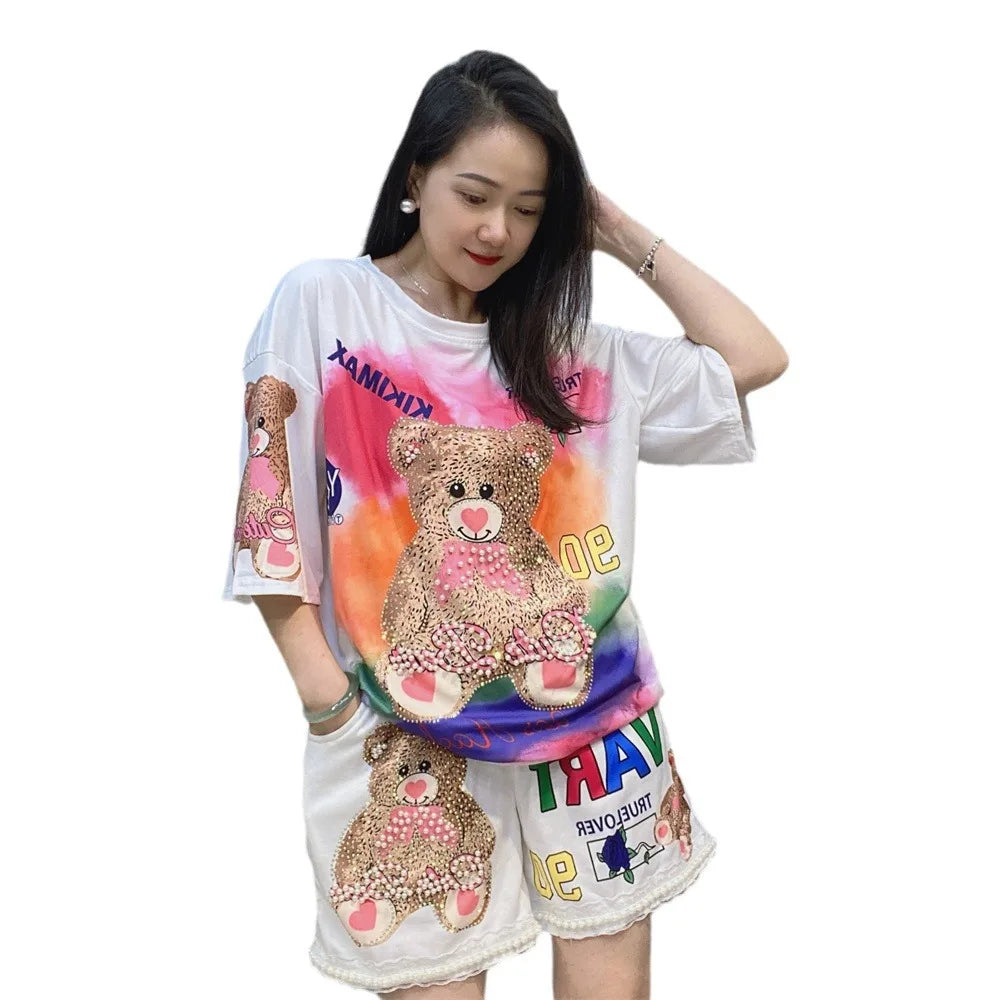 Maxy Beaded Cartoon Bear Shorts Casual Suit Women 2024 Summer Loose Printed Rhinestone Hot Fixed Short Sleeve T-shirt Two-Piece Sets