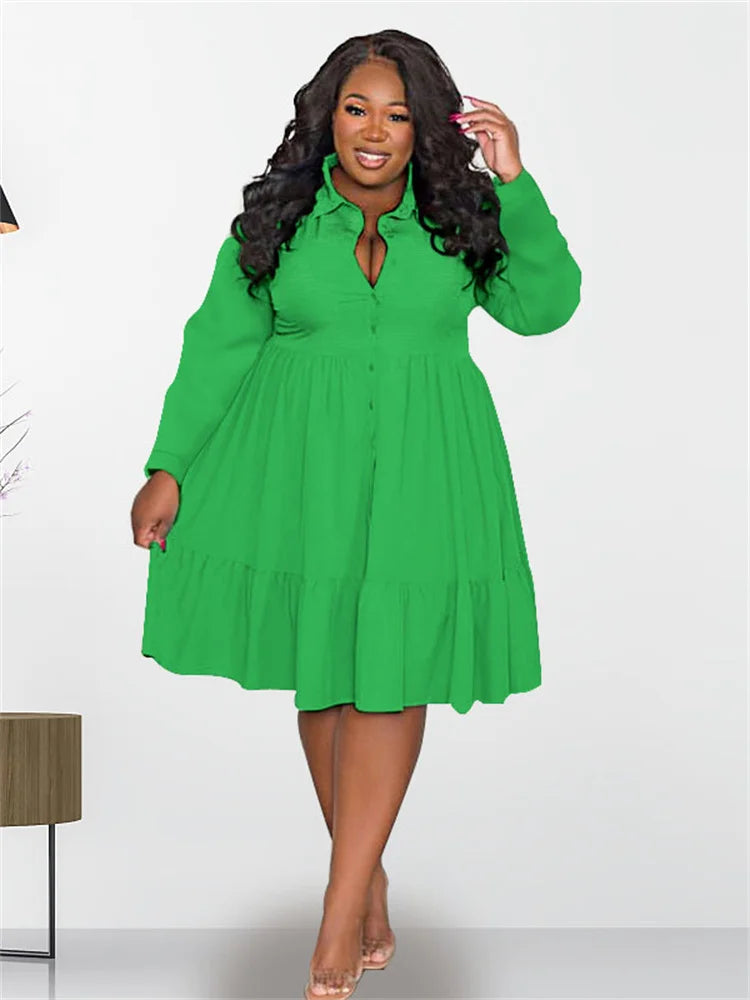 Maxy Plus Size Dresses Women Clothing Solid Long Sleeve Elegant Casual Cute Ball Gown Shirts Mini Dress