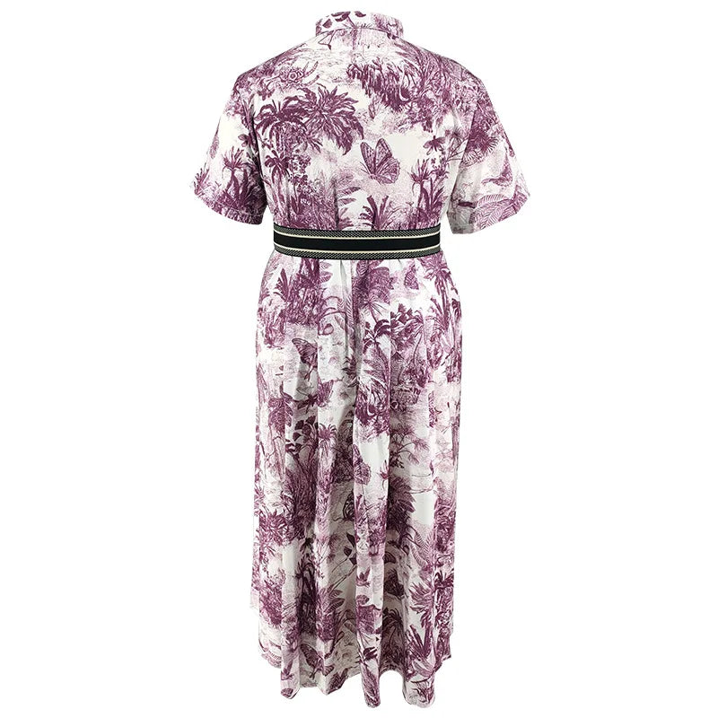 Amay Women Elegant Printed Party Dress Turn Down Collar Short Sleeve Pleated A-Line With Belt African Office Work Wear Plus Size 5XL