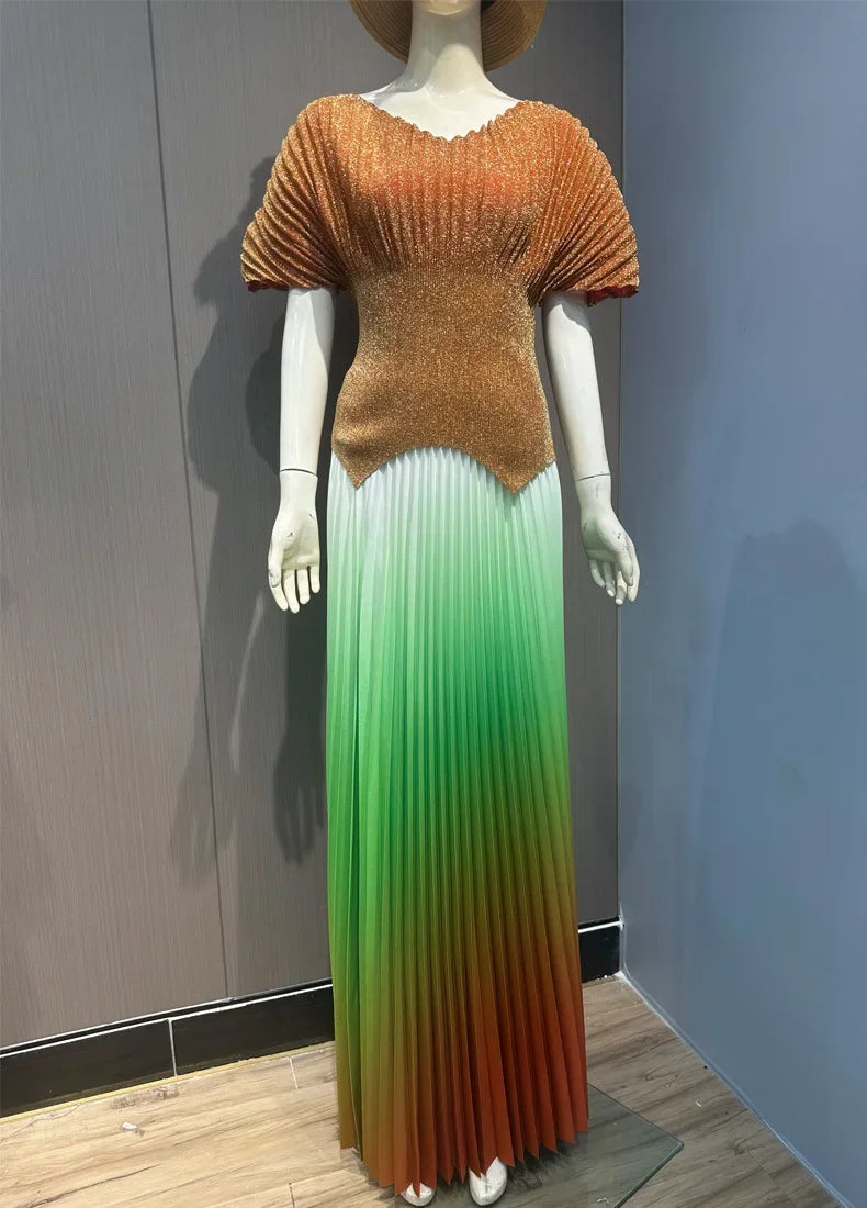 Maxy Pleated 2 Pieces Set Women Fashion V Neck Short Batwing Sleeves Irregular Hem T-shirt&New Gradient A-line Folds Long Skirt