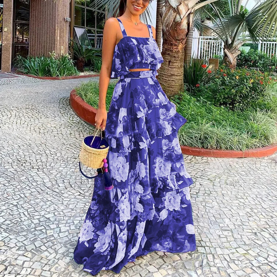 Maxy 2 Piece Set Women Stylish Floral Elegant Printed Sleeveless Short Top+Loose High Waist Pleated Long Skirt Sets