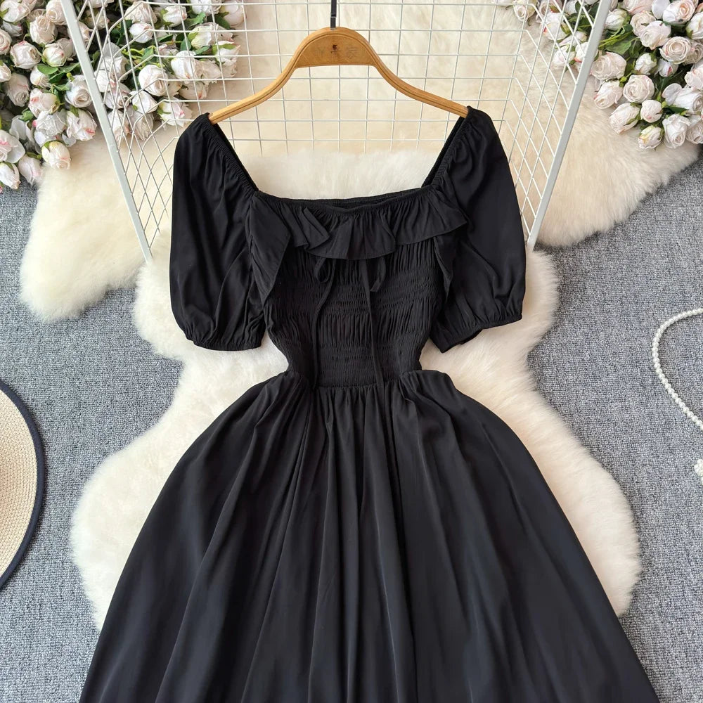 Babs Chic Elegant Square Collar Macy Dress Women Solid Short Puff Sleeve Dresses 2024 Korean Fashion Vintage Ruffle Vestidos