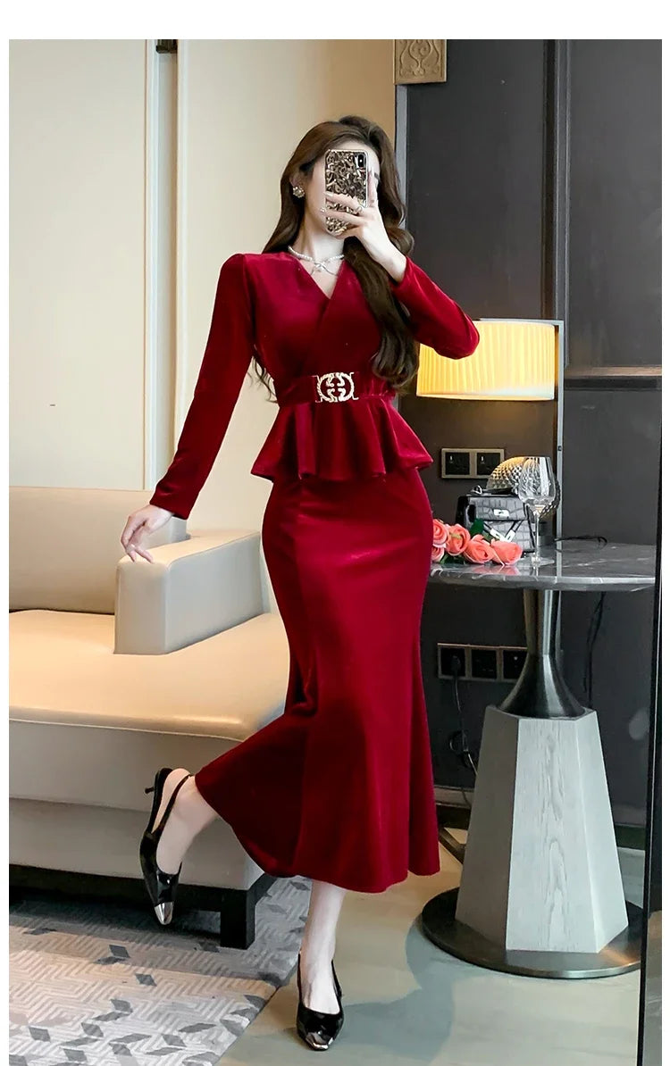 Babs Winter Red Velvet Chic Ruffled Bandage Long Dress Women Elegant Luxury Festival Dress Gown Korean Elegant Prom Dress