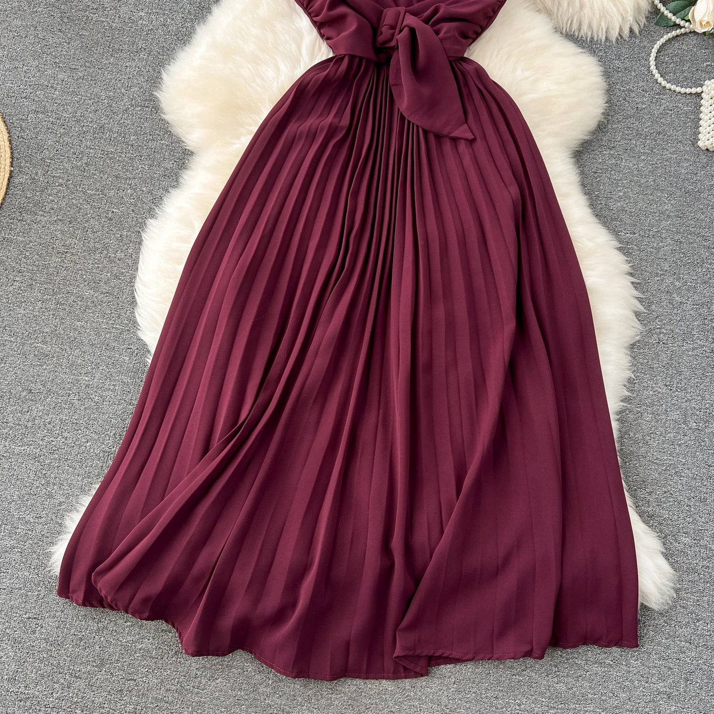 Babs French Vintage Elegant Pleated V-neck Dress A-line Fashion Chiffon Spring Autumn Sleeveless Vestidos Women Dresses