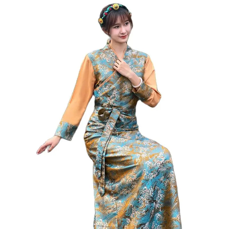 Summer Elegant Asian costume Tibetan Dress For Women Long Sleeve Traditional Ethnic clothing Oriental Ladies gown