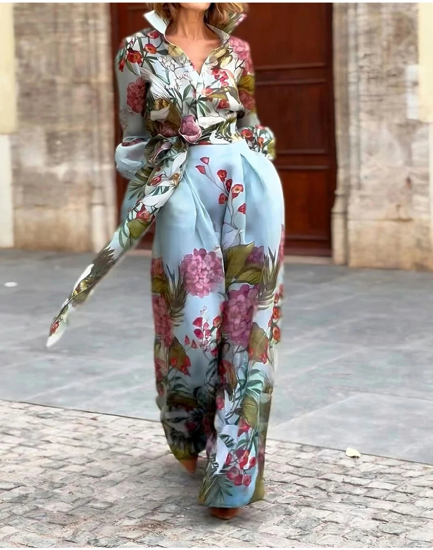 Maxy Spring Floral Print Women's Two Pieces Set Long Sleeve Shirts & High Waist Long Skirt Suits Female Chic Elegant Skirts Set