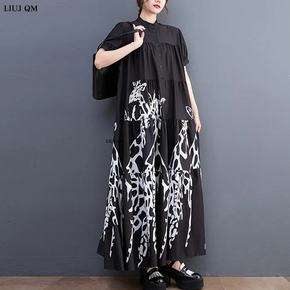 Maxy New Korean Style Woman Summer Graffiti Printed Long Black Large Shirt Dress Plus Size Loose Fit Tide Casual Robe Femme