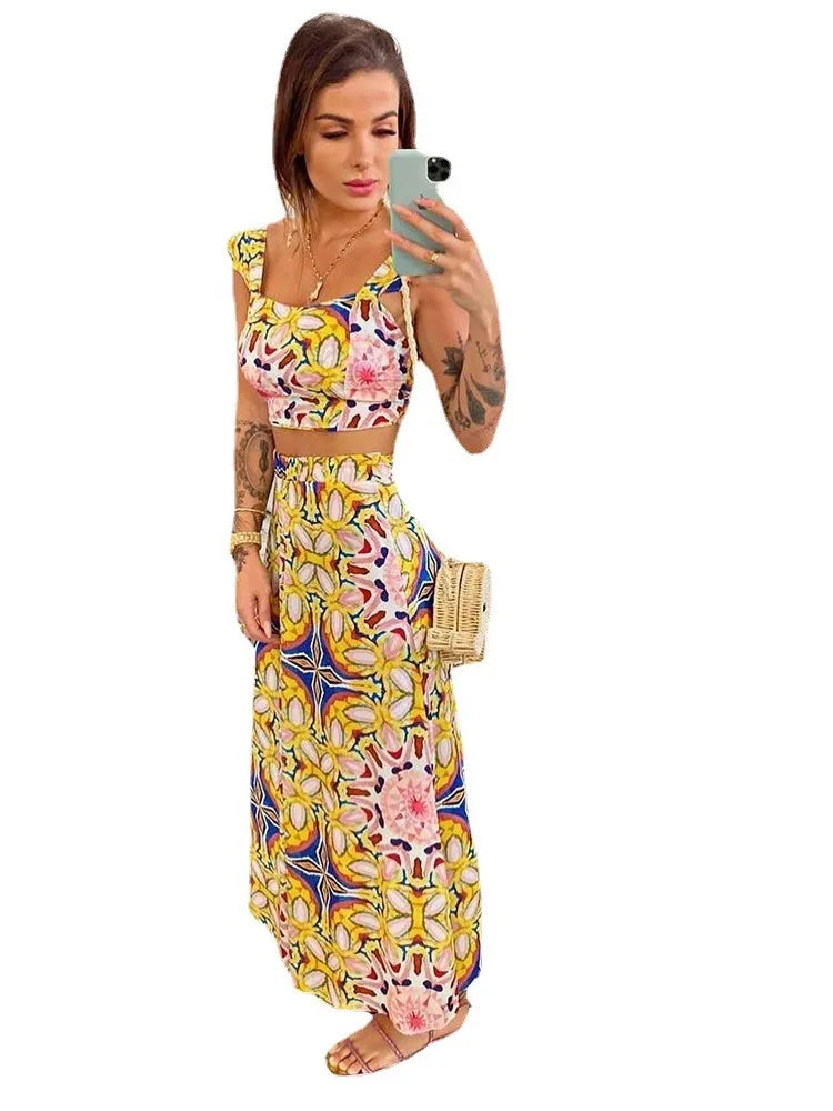 Babs Style Print Skirt Two Piece Set For Women Sexy Crop Camisole Casual Beach Holiday A-line Skirts 2 Piece Sets Female New