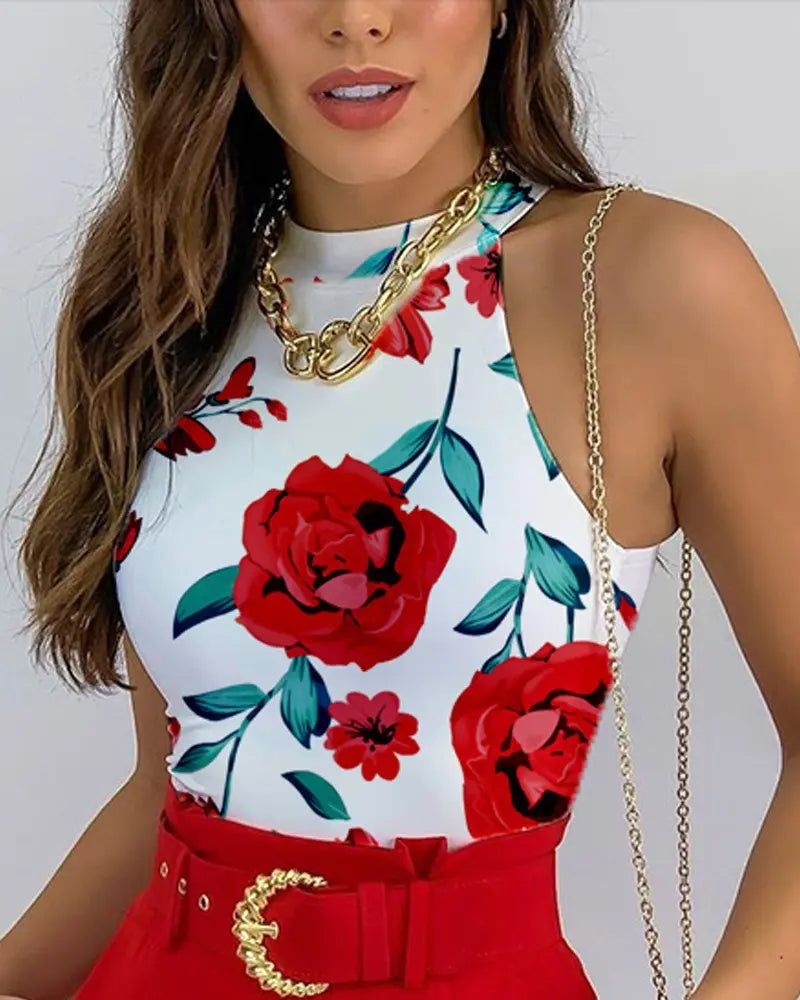 Babs Floral Print Two-Piece Outfit - Sleeveless Halter Neck Top with Adjustable Tie, Belted High Waist Shorts with Pockets