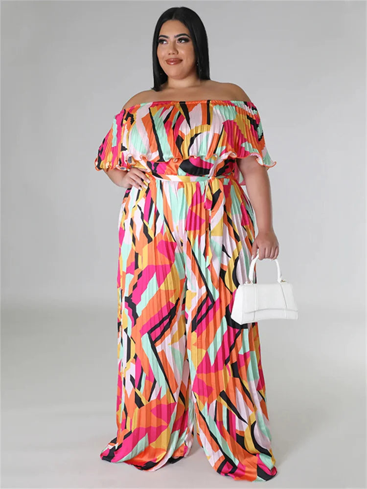 Maxy Plus Size Jumpsuit Women Clothing Pleated Wide Leg Off Shoulder Romper Printed One Piece Outfits