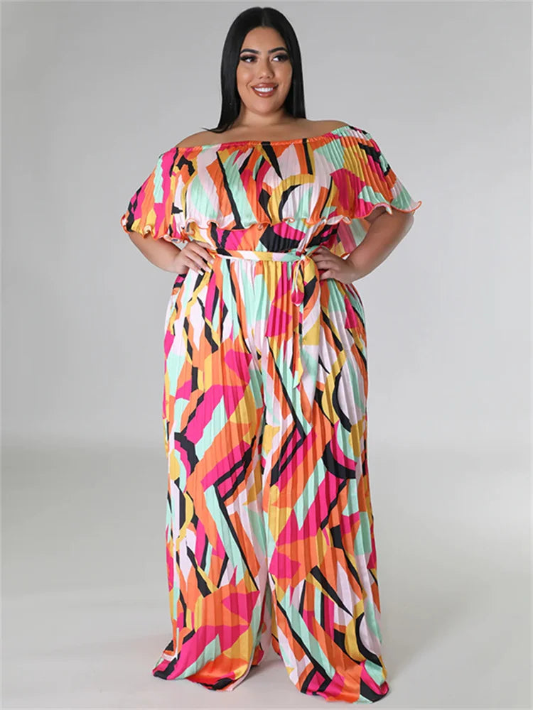 Maxy Plus Size Jumpsuit Women Clothing Pleated Wide Leg Off Shoulder Romper Printed One Piece Outfits