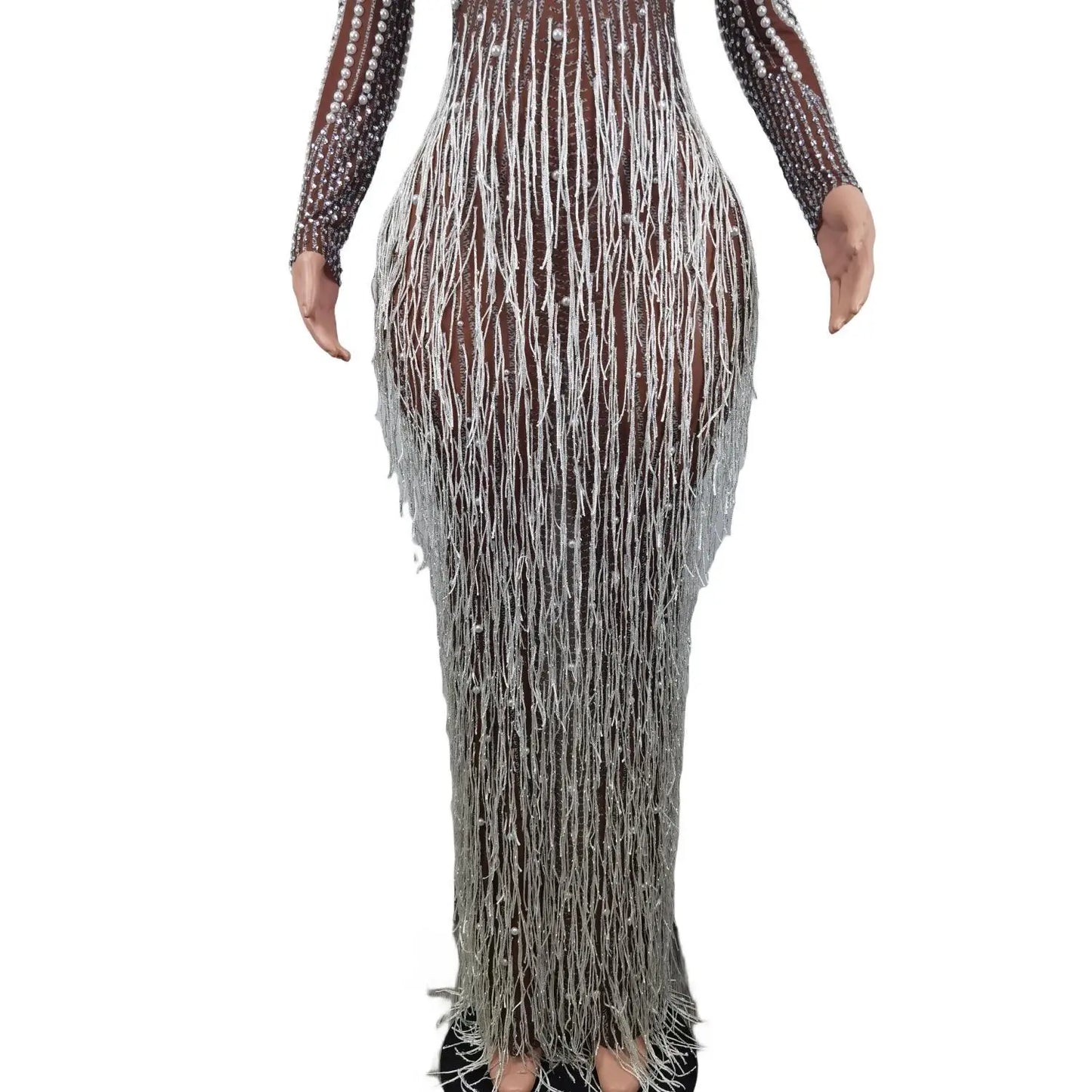 Macy Luxury Pearl Tassel Mermaid Evening Dresses for Women Wedding Party Long Sleeve Formal Gowns Lady Bodycon Diamond Long Dresses