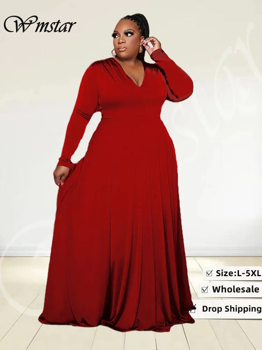 Maxy Plus Size Party Dresses Women Clothing 2024 V Neck Long Sleeve Solid Loose Elegant Maxy Dresses
