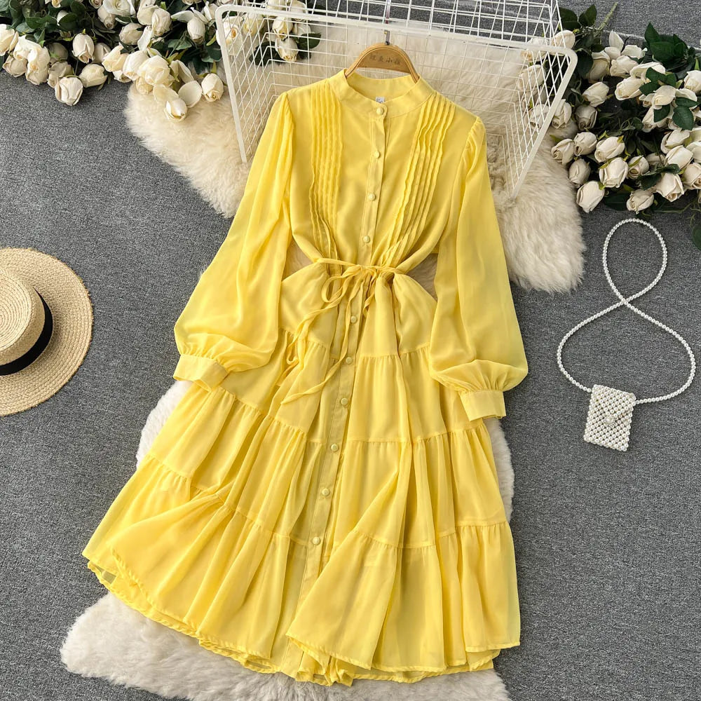 Maxy Spring Autumn Women Purple/Yellow/Blue Draped Chiffon Midi Dress Elegant Stand Collar Single Breasted Lantern Sleeve dress