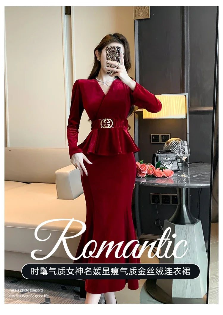 Babs Winter Red Velvet Chic Ruffled Bandage Long Dress Women Elegant Luxury Festival Dress Gown Korean Elegant Prom Dress