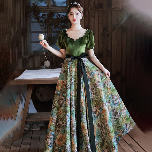 Macy Evening Dress Green Velvet Floral Square Collar Short Sleeves A-line Floor-length Plus size Women Party Formal Gown