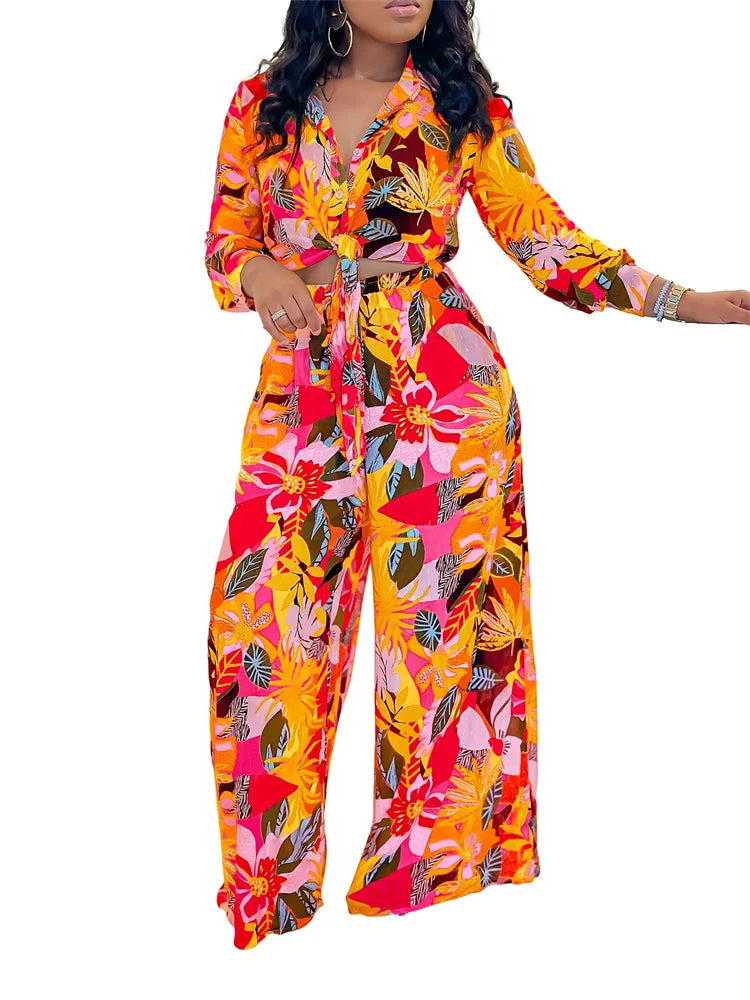 Maxy Two Piece Set Women's Clothing Pants Sets Print Button V Neck Top Wide Leg Pants Matching Summer gress