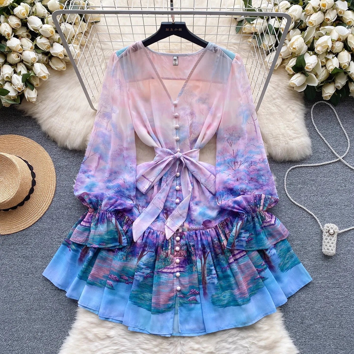 Maxy Spring Summer Gorgeous Flower Gracy Dress Women's V Neck Long Petal Sleeve Buttons Floral Print Lace Up Belt Mini dress