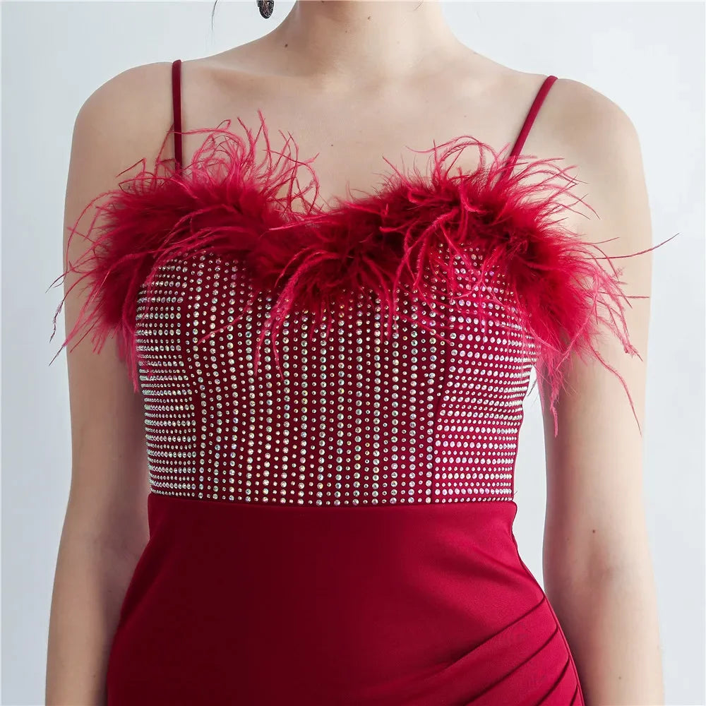 Babs Sequin Sexy Bust Beading With Feather Spaghetti Strap Slit Long Mermaid Party Night Dresses