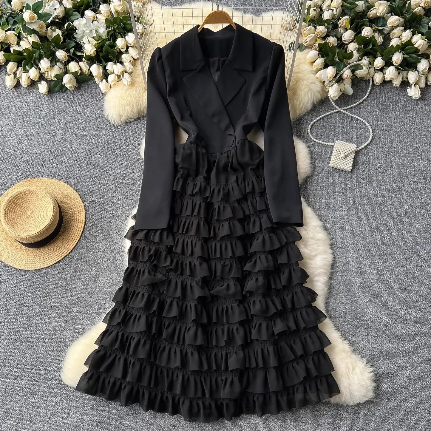 Zay Women Vintage Evening Party Dress Spring Autumn Lapel Long Sleeve Patchwork Mesh Layered Dresses Ladies Elegant Long Robe