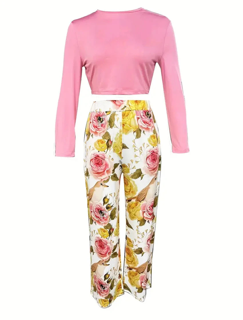 Macy Casual Fashion Two-piece Set Female Solid Long Sleeve O-Neck Tops & Floral Print Wide Leg Pants Outfits Women's Clothing