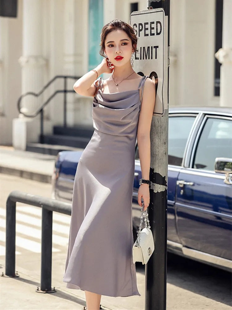 Babs Elegant Sling Satin Dresses for Women Summer Sleeveless Folds Purple Long Dress