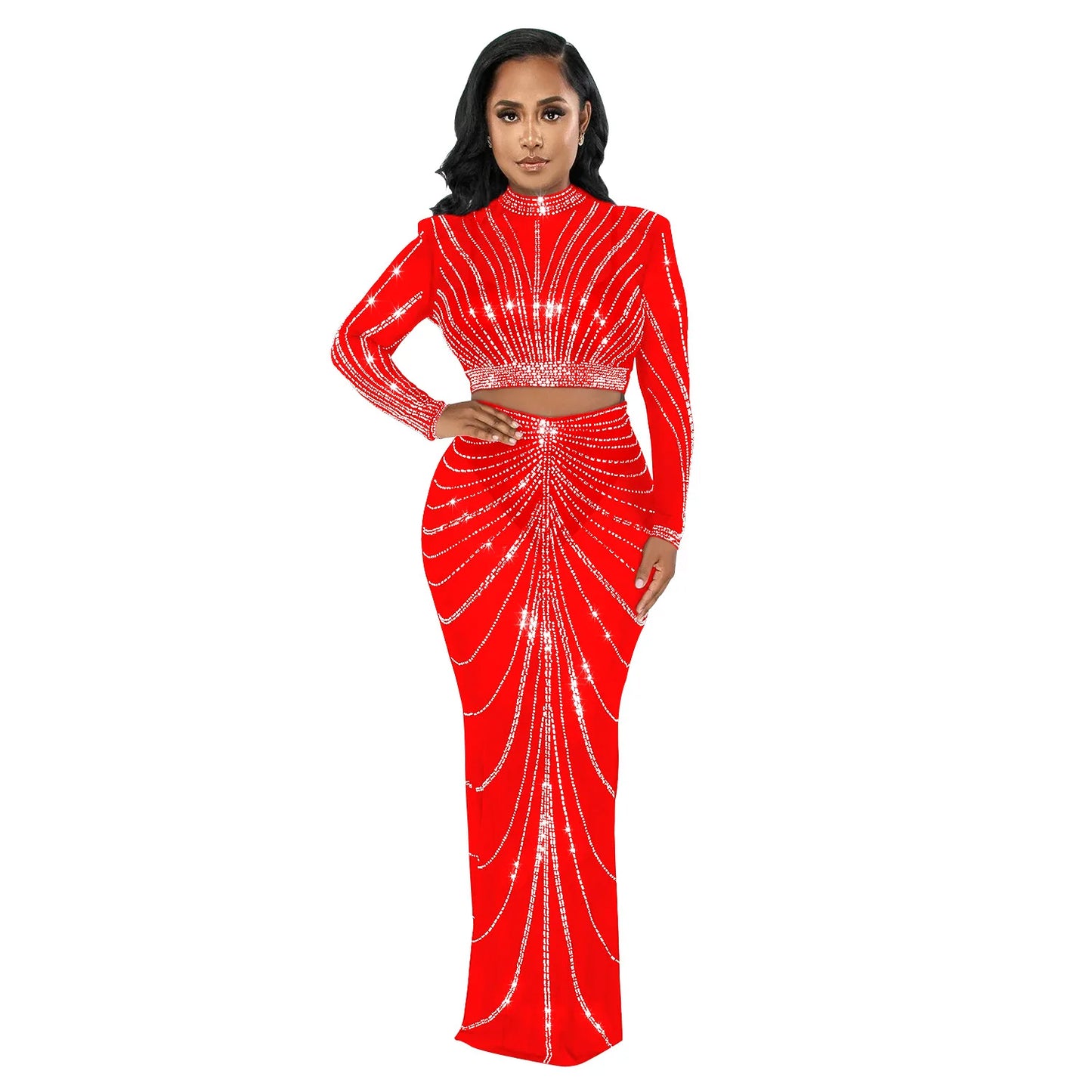 Maxy Clothing 2024 Rhinestone Mesh See Through Long Sleeve Dress Set for Women Birthday Sexy Night Club Party 2 Piece Sets Outfit