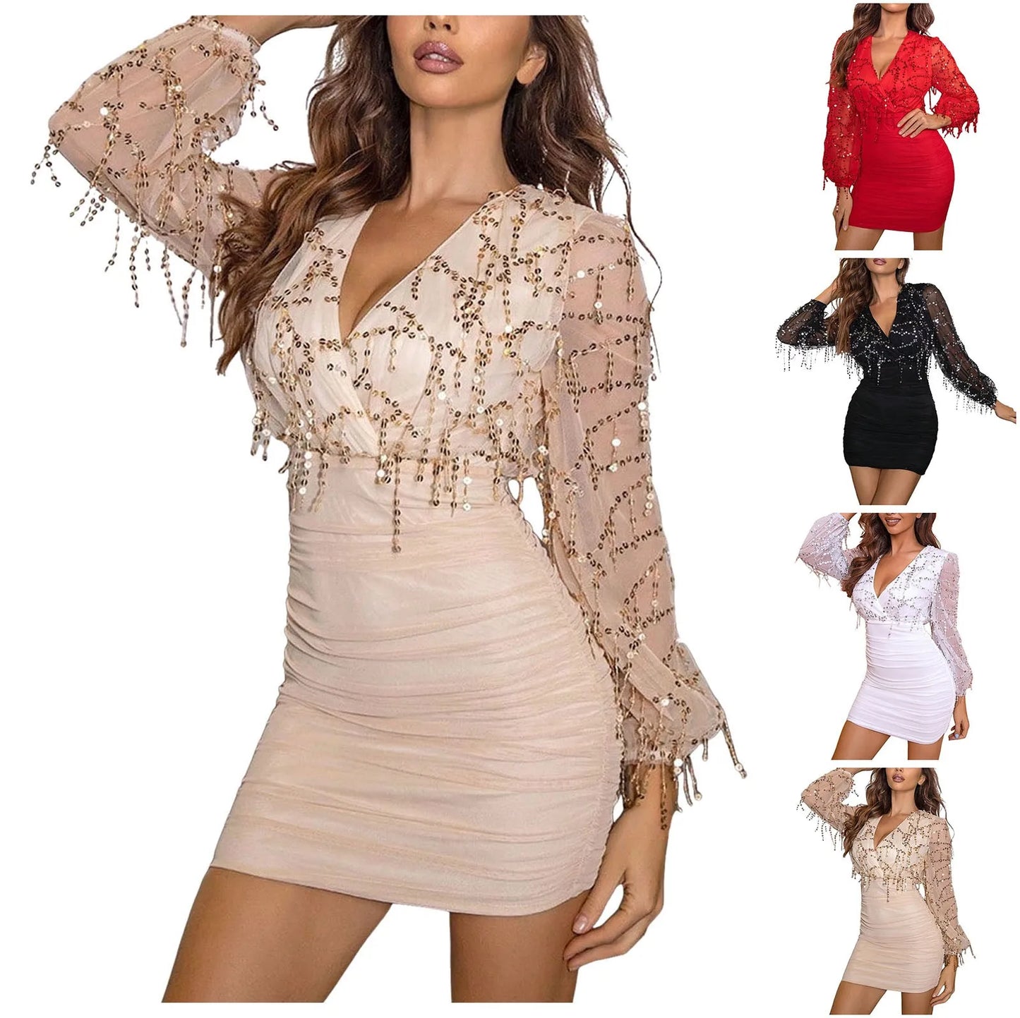 Babs Sexy Evening Dress For Women See Through Sequin Women Elegant Mesh Long Sleeve Party Dress Bodycon Club Birthday Dress