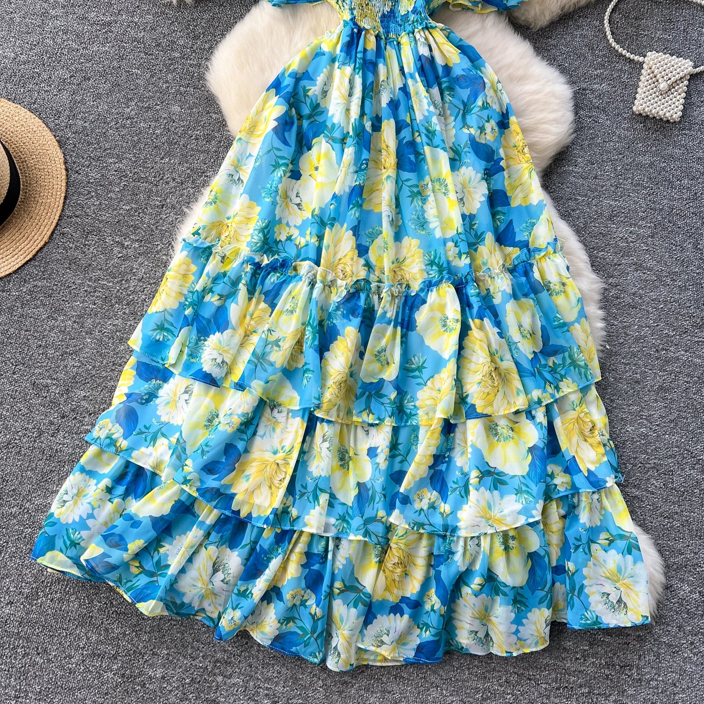 Maxy v neck Butterfly sleeve print elegant summer Dress A-line Flare Sleeve Vacation print Women dresses