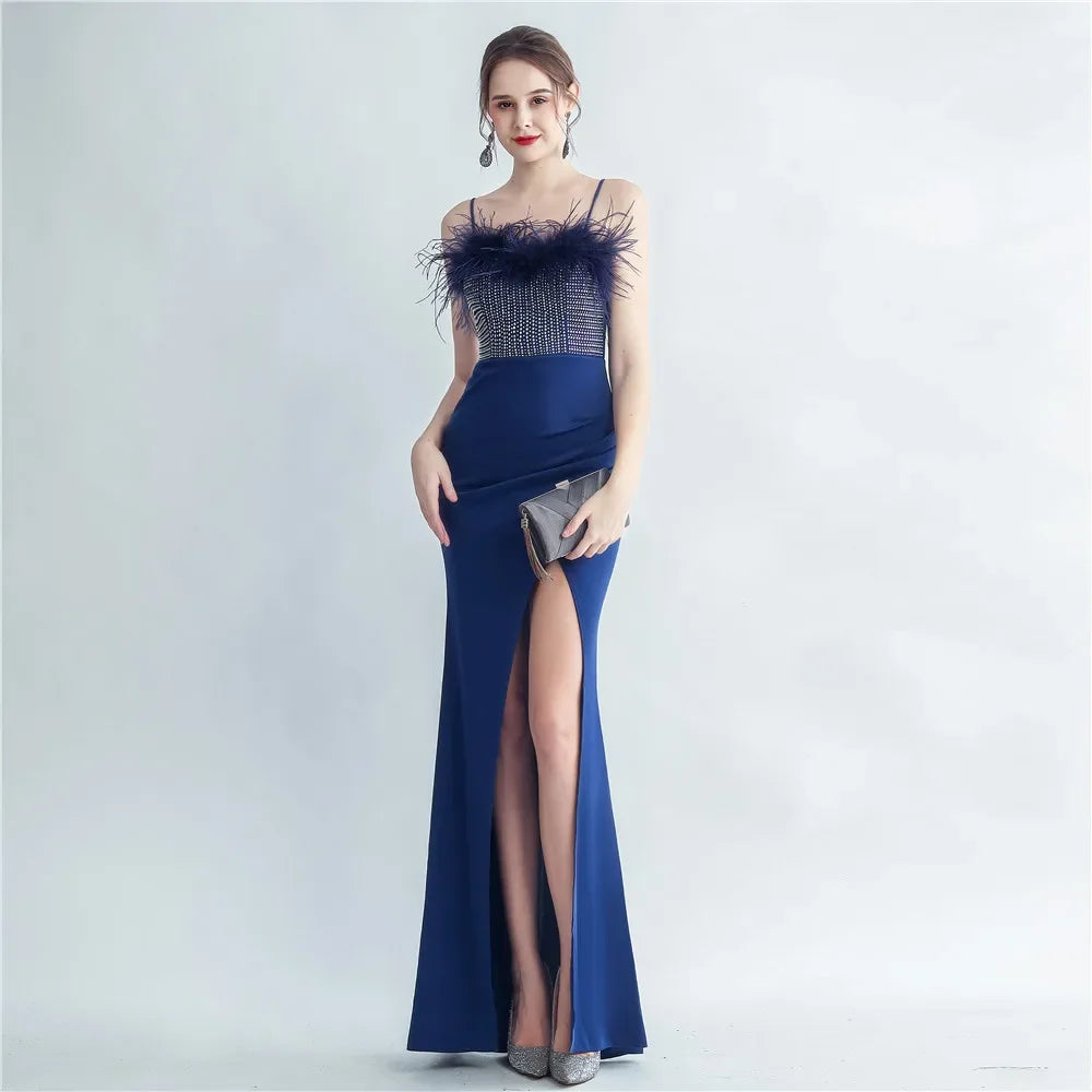 Babs Sequin Sexy Bust Beading With Feather Spaghetti Strap Slit Long Mermaid Party Night Dresses