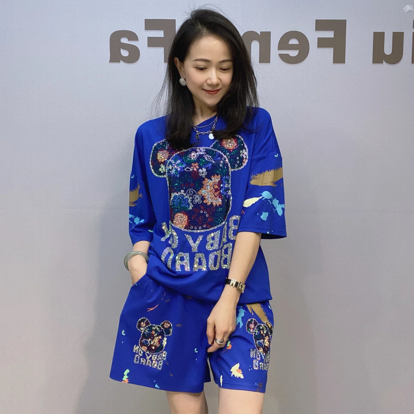 Maxy Two Piece Sets Women's Outfits Bear Cartoon Diamonds Summer Clothing Casual Tracksuit Short Sleeve Sports Suit Костюм Женский