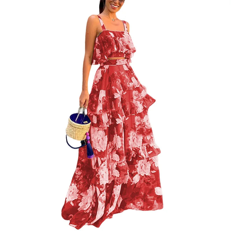 Maxy 2 Piece Set Women Stylish Floral Elegant Printed Sleeveless Short Top+Loose High Waist Pleated Long Skirt Sets