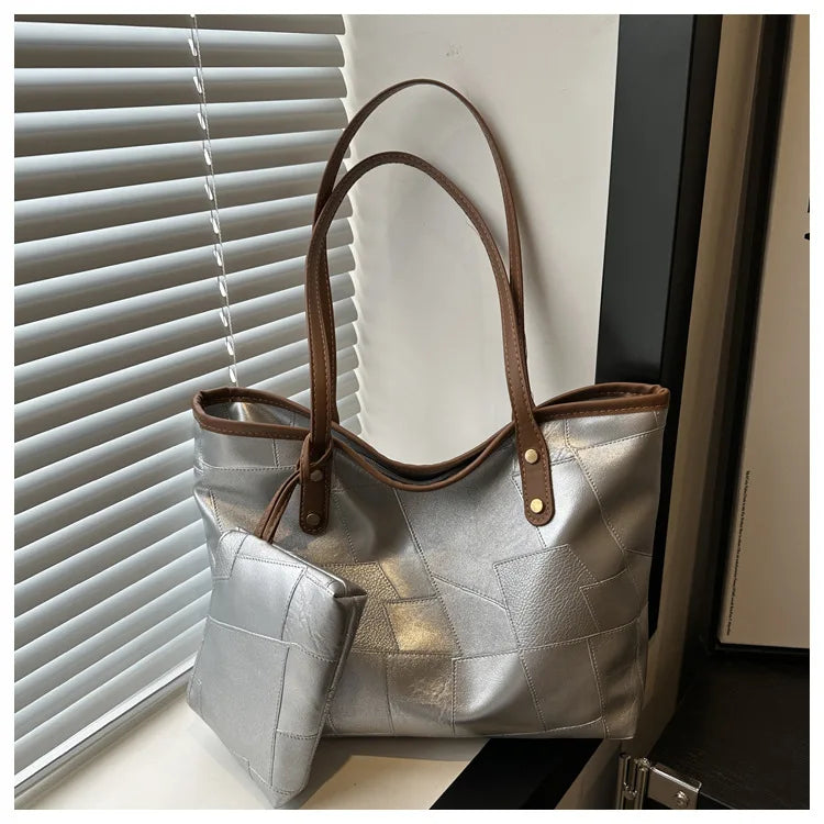 Maxy Vintage Patchwork PU Leather Casual Tote Bags for Women, Large Capacity Shoulder Bag Ladies Handbags And Purses