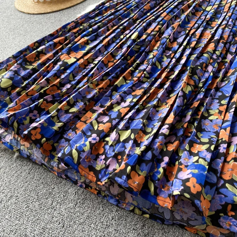Momsey Summer Women V-Neck Short Sleeve Bandage Slim Long Dress Chic Sweet Floral Pleated Hem Vacation Dress