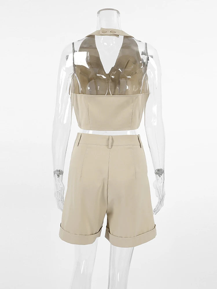 Maxy Spring Summer Women Office Shorts Suit Set Solid Khaki Sleeveless Halter Outfit 2 Piece Matching Sets For Women