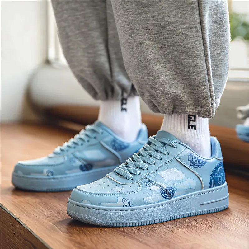 Maxy Fashion Print Blue Men's Skateboard Shoes Leather Breathable Man Casual Sneakers Platform Non-slip Men Skateboarding Shoes