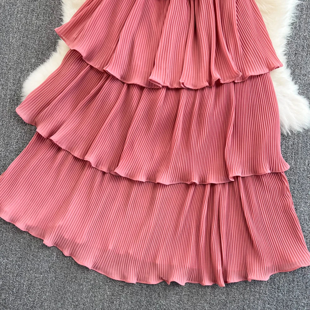 Babs Summer Beach Long Dress Women Elegant V-Neck Short Sleeve Cascading Ruffles Big Swing Female Red/Green/Pink Maxy Robe