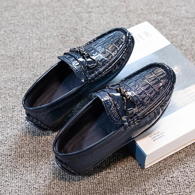 Visco Boys Leather Shoes Round-toe Flat Soft Kids Fashion Casual Loafers Glossy Metal Buckle Children Moccasins Non-slip Britain Style